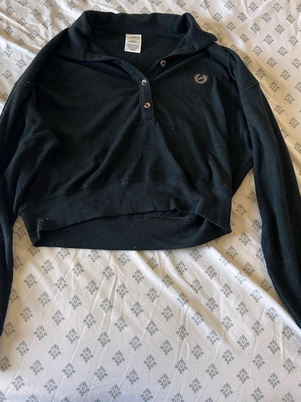 PINK Victoria's Secret Black Cropped Waffle-Knit Henley Sweatshirt